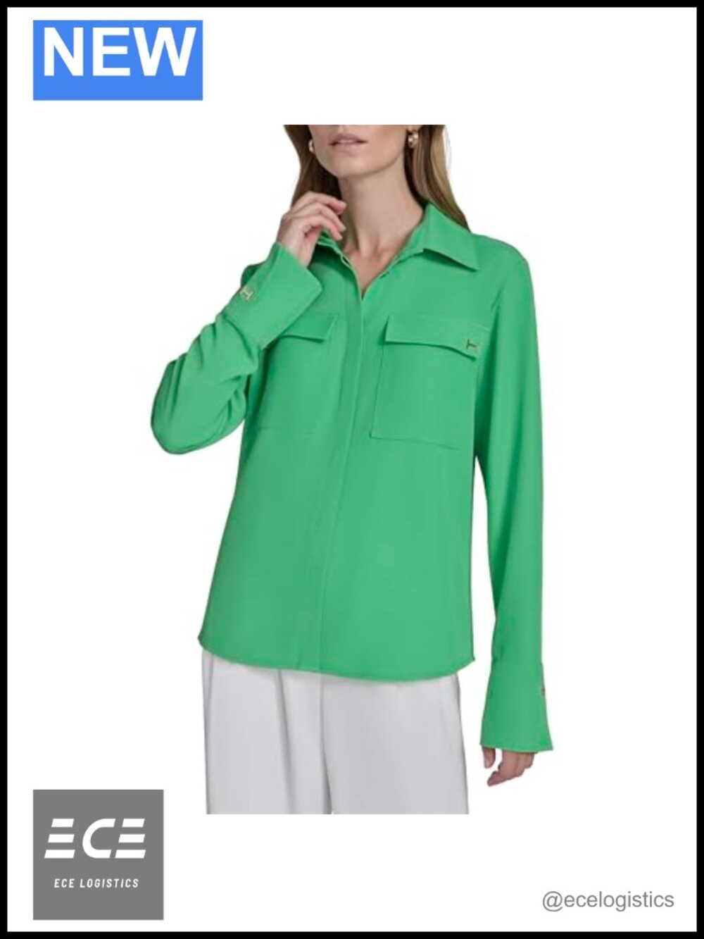Halston Draped Front V Neck Collared Button Blouse Long Sleeve Work Shirt